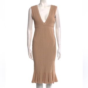 Ronny Kobo Collection Tan V-Neck Midi Bodycon Dress | S